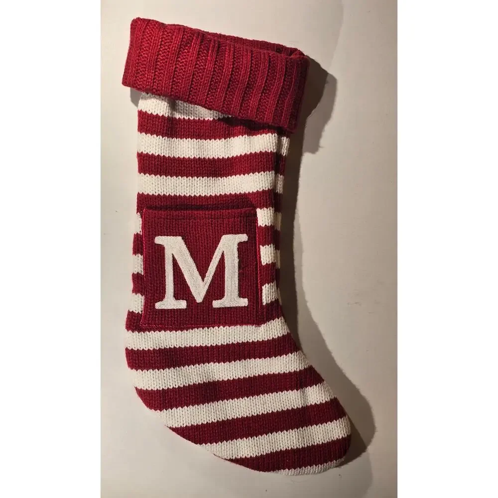 Wondershop Christmas Stocking Red White Striped Monogram M Knit 18 Inch